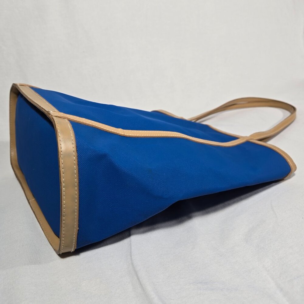 VINTAGE 90s Y2K Whitney Blue Canvas & Tan Trim Open Top Structure Roomy Tote Bag - Picture 6 of 17